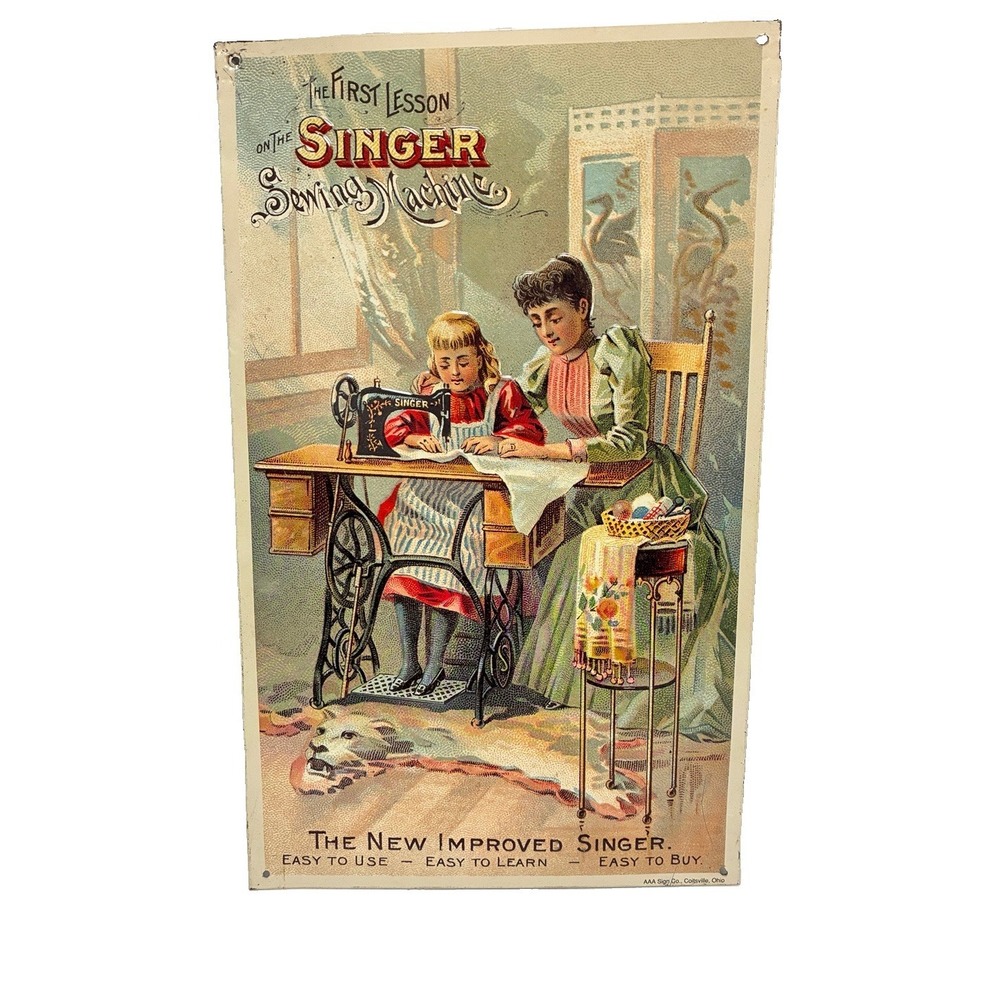 Vintage Singer Sewing Machine Advertising Sign The First Lesson Metal Wall Decor